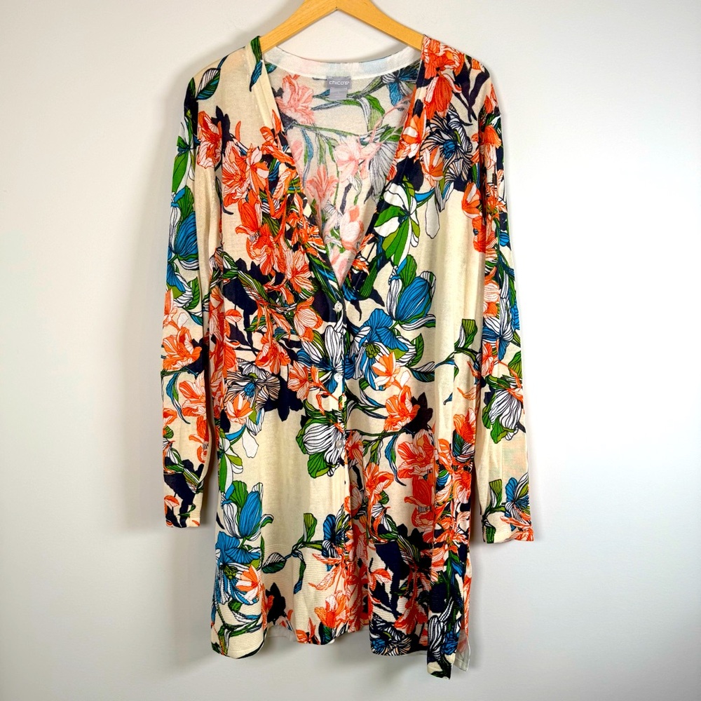 Chico's Colorful Vibrant Floral Print Long Line Button Up Cardigan Sweater 3 XL